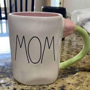 Rae Dunn White Mug with Pink Interior and Tulip Green Handle